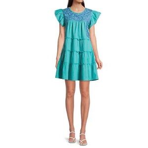 J Marie Emerson Embroidered Floral Scoop Neck Flutter‎ Sleeve Dress Size Small